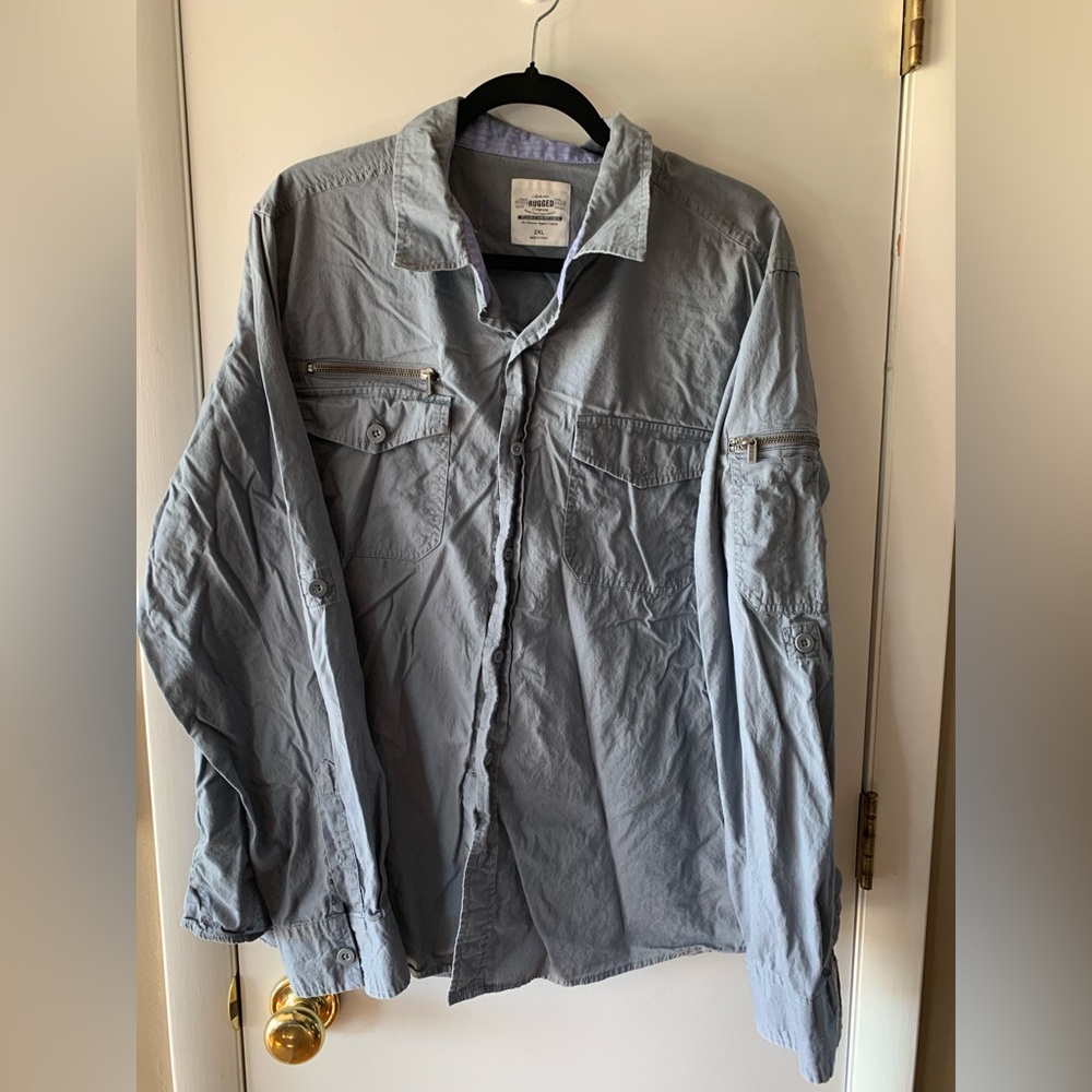 Men's Gray Button Front Shirt with zipper pockets